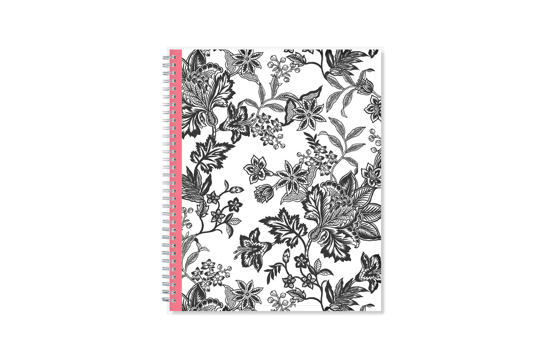 weekly and monthly planner featuring a black and white floral front cover pattern with twin wire-o binding in a 8.5x11 planner size