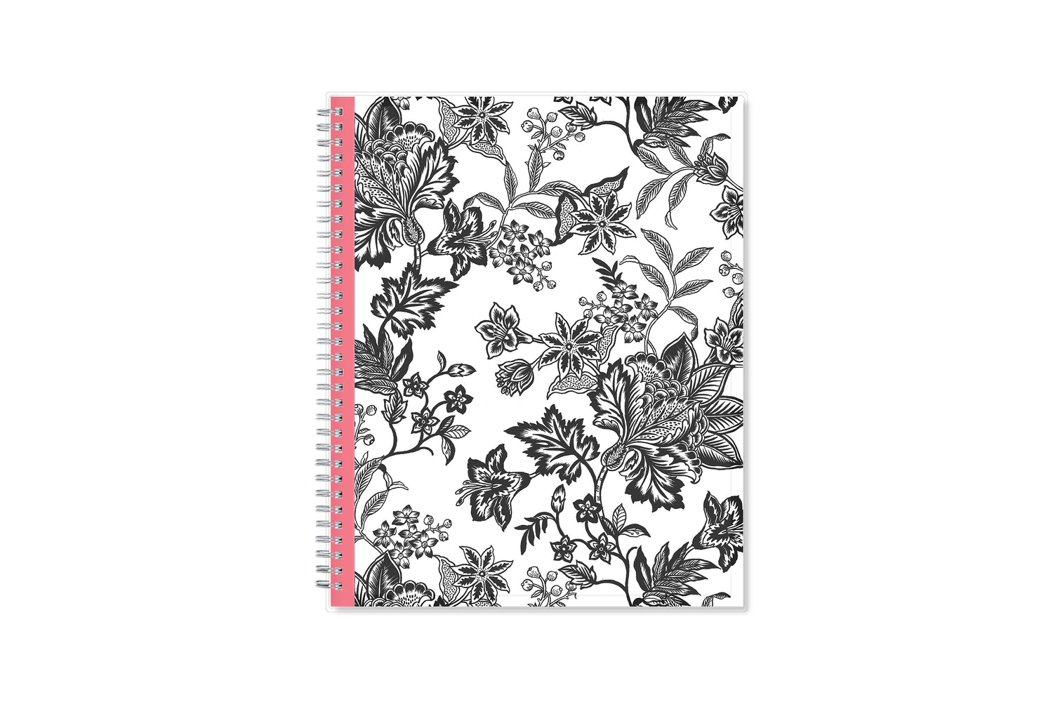 weekly and monthly planner featuring a black and white floral front cover pattern with twin wire-o binding in a 8.5x11 planner size for 2024-2024 academic year