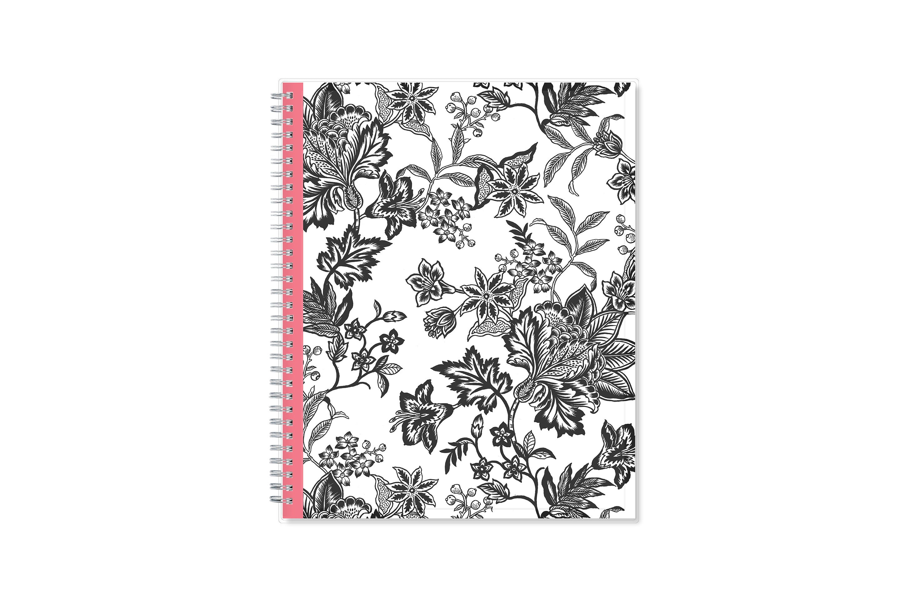 weekly and monthly planner featuring a black and white floral front cover pattern with twin wire-o binding in a 8.5x11 planner size for 2025-2026  academic year