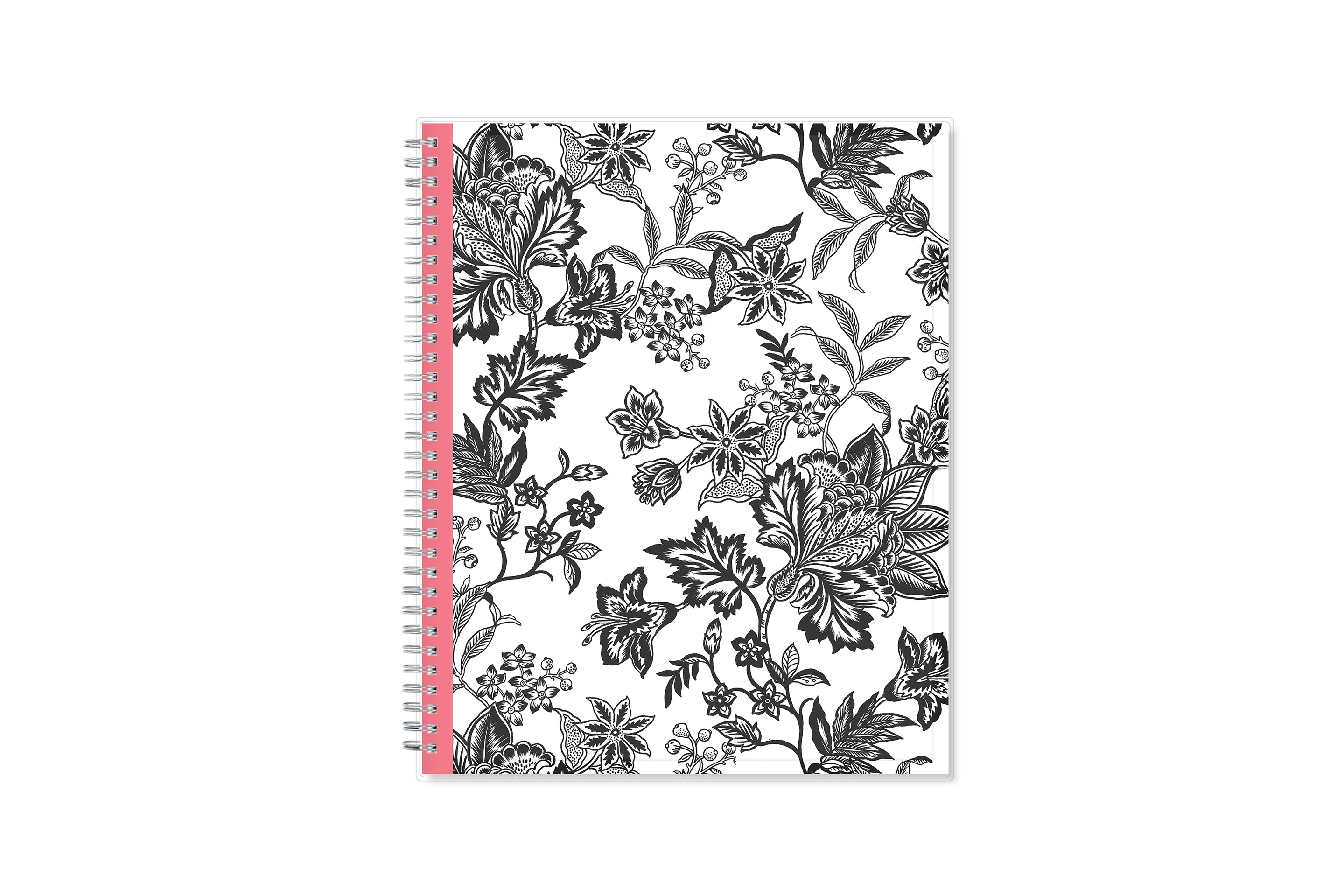 weekly and monthly planner featuring a black and white floral front cover pattern with twin wire-o binding in a 8.5x11 planner size for 2024-2024 academic year