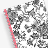 weekly and monthly planner featuring a black and white floral front cover pattern with twin wire-o binding in a 8.5x11 planner size for 2025-2026 academic year