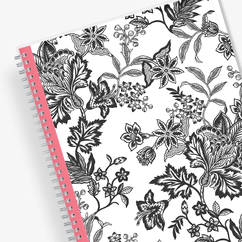weekly and monthly planner featuring a black and white floral front cover pattern with twin wire-o binding in a 8.5x11 planner size for 2025-2026 academic year