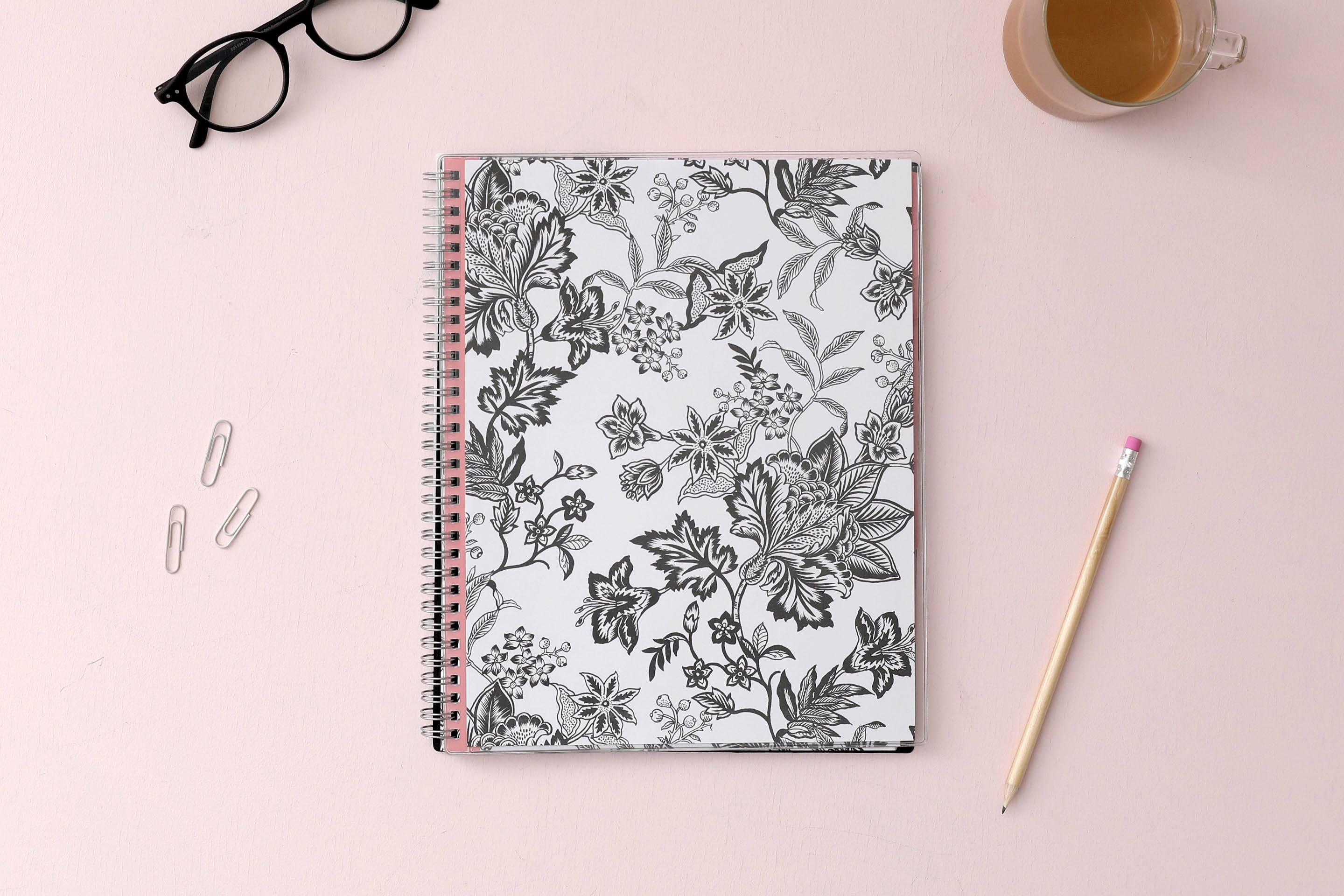 2024 monthly planner from Blue Sky featuring a floral pattern in black and white with twin silver wire-o binding and compact 8x10 size