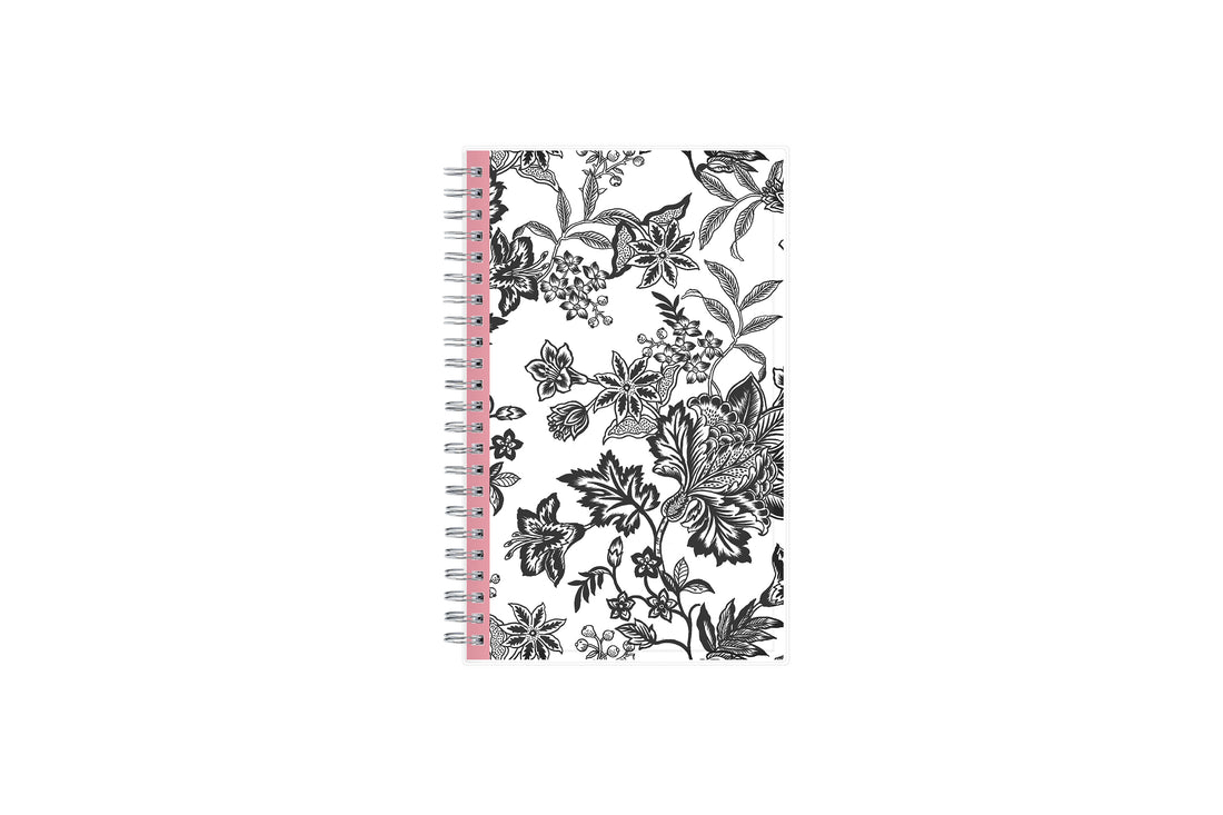 weekly and monthly planner featuring a black and white floral front cover pattern with twin wire-o binding in a 5x8 planner size academic planner