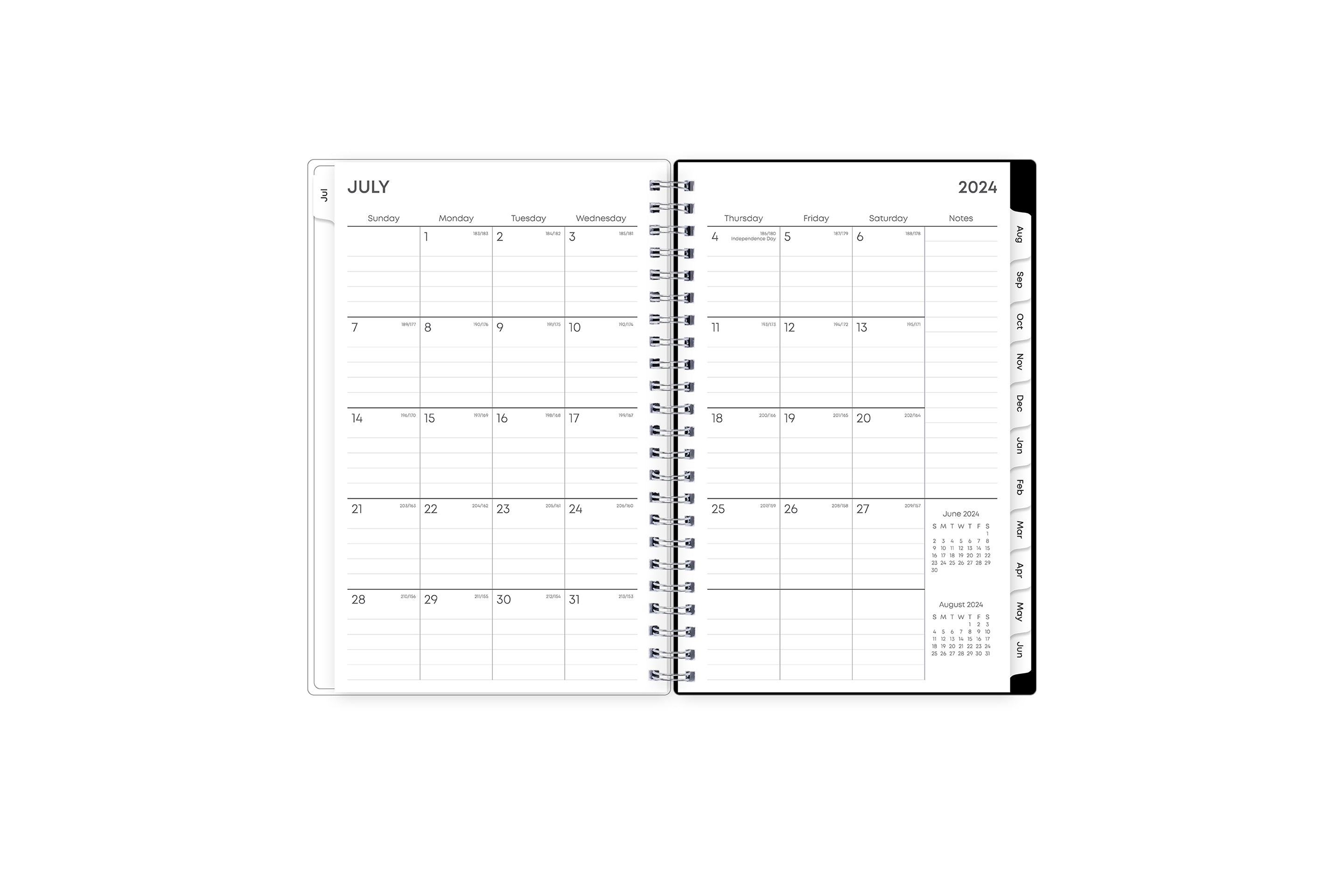weekly and monthly academic planner featuring a monthly spread with lined writing space, a notes section, reference calendars, and pink monthly tabs in 5x8 size academic planner