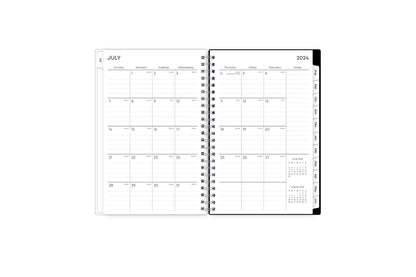 weekly and monthly academic planner featuring a monthly spread with lined writing space, a notes section, reference calendars, and pink monthly tabs in 5x8 size academic planner