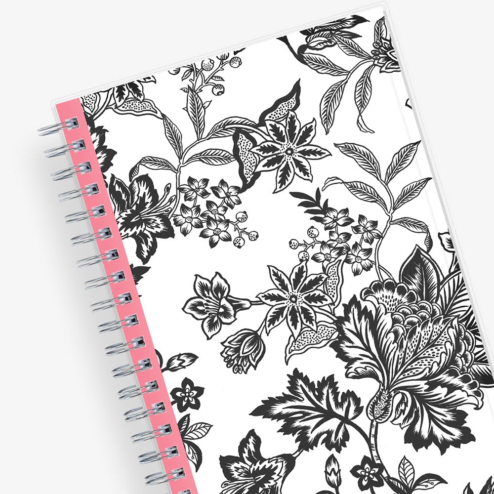 weekly and monthly planner featuring a black and white floral front cover pattern with twin wire-o binding in a 5x8 planner size academic planner