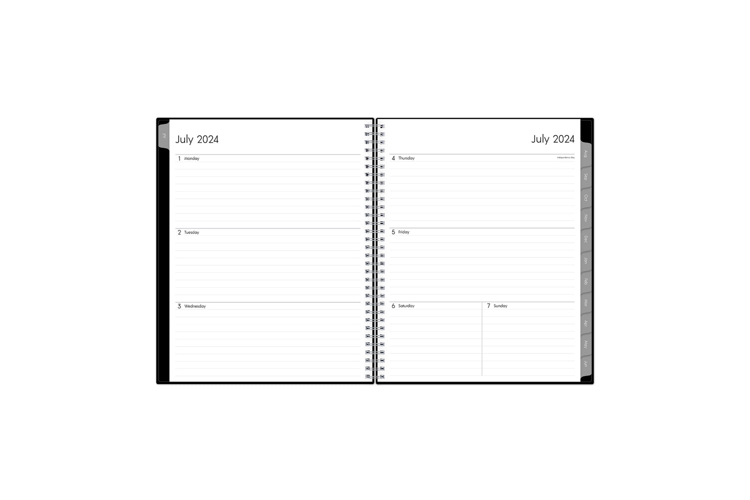  weekly monthly planner featuring a weekly spread with ample lined writing space and gray monthly tabs in a 8.5x11 planner size july 2024- june 2025