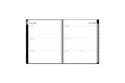  weekly monthly planner featuring a weekly spread with ample lined writing space and gray monthly tabs in a 8.5x11 planner size july 2024- june 2025