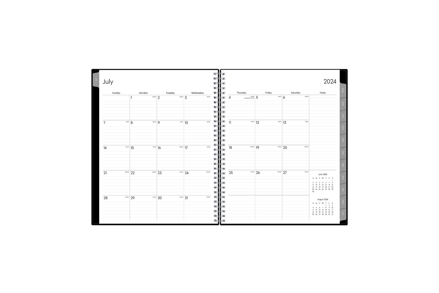  weekly monthly planner featuring a monthly spread with lined writing space, reference calendars, notes section, and gray monthly tabs in 8.5x11 planner size july 2024- june 2025