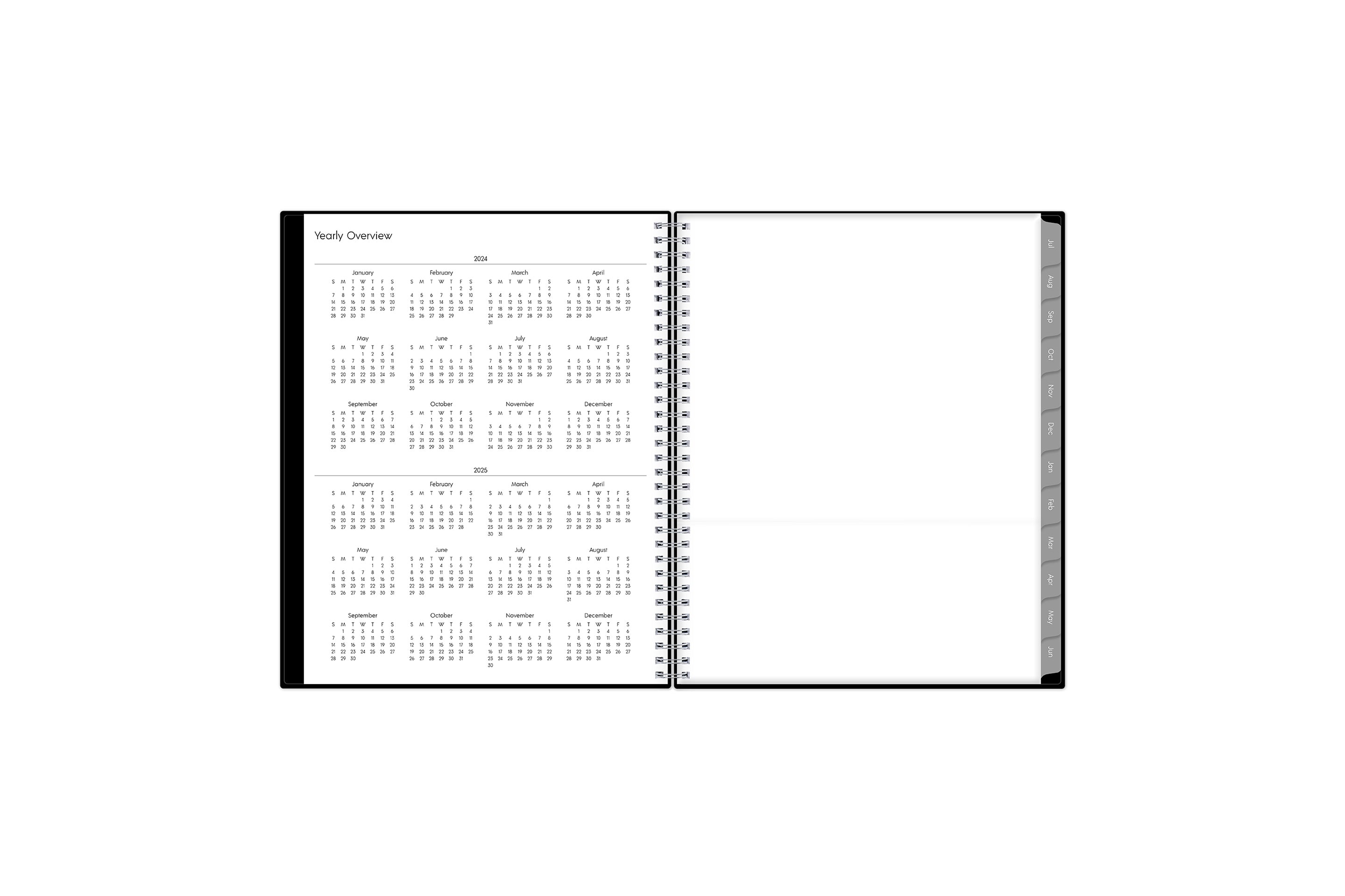 Lined notes pages on the  weekly monthly planner for July to June reference calendar and storage pocket yearly overview 2024-2025