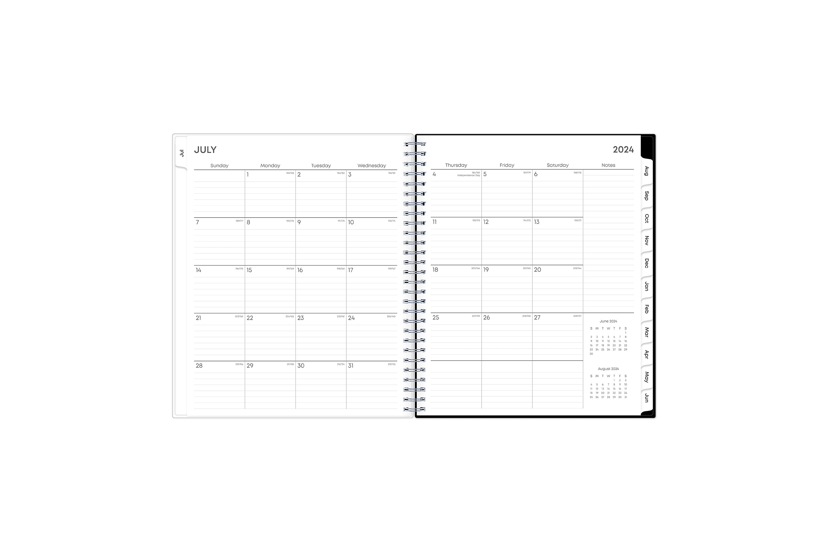 monthly academic planner featuring a monthly spread with lined writing space, a notes section, reference calendars, and pink monthly tabs in 8x10 planner size