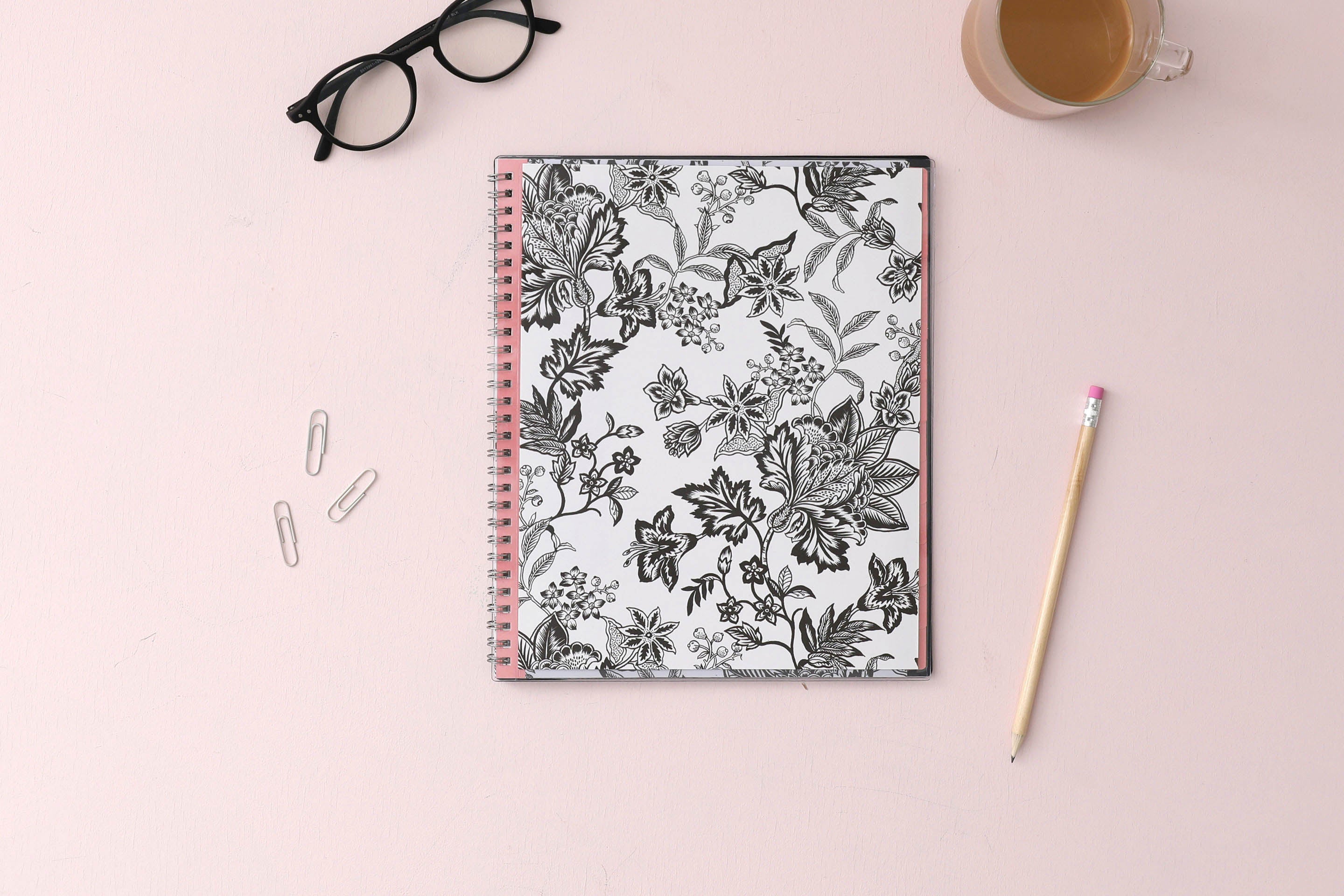 2024 weekly and monthly planner from Blue Sky featuring a floral pattern in black and white with twin silver wire-o binding and compact 8.5x11 size