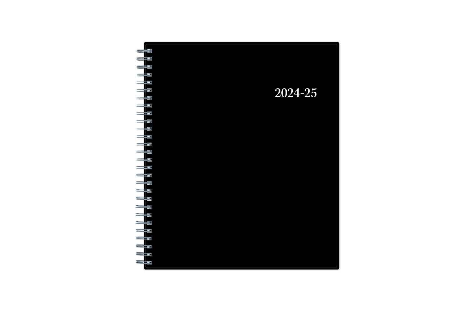  monthly academic planner featuring a solid black cover and silver twin wire-o binding 8x10 size