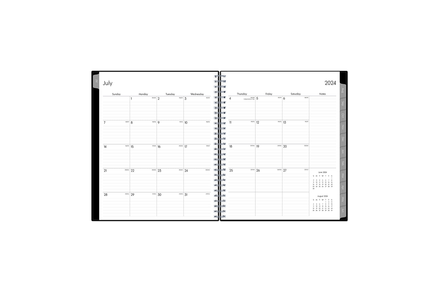 monthly planner featuring a monthly spread with lined writing space, reference calendars, notes section, and gray monthly tabs in 8x10 planner size