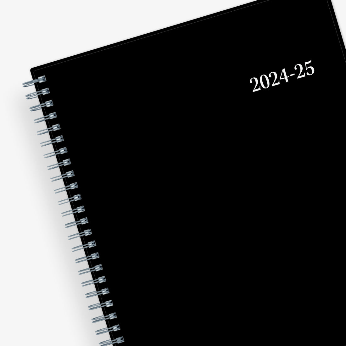 monthly academic planner featuring a solid black cover and silver twin wire-o binding 8x10 size for july 2024 - june 2025