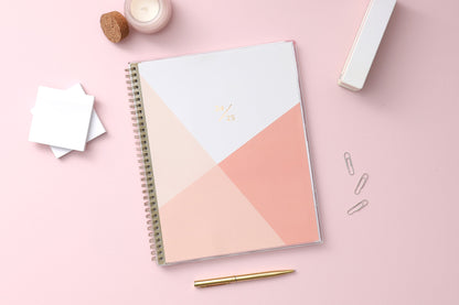 weekly and monthly planner for academic year featuring a geometric design in palette of pinks and white in 8.5x11 planner size 2024-2025 year