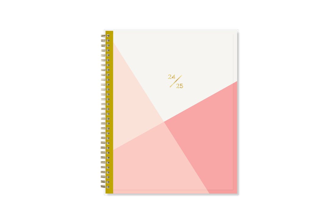 weekly and monthly planner for academic year featuring a geometric design in palette of pinks and white in 8.5x11 planner size