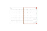 weekly monthly planner features a monthly spread with lined writing space, notes section, reference calendars and white monthly tabs with gold imprints