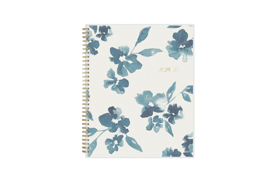  academic weekly monthly planner featuring a white background and blue paint brush florals, twin wire-o binding in a 8.5x11 planner size for the school year
