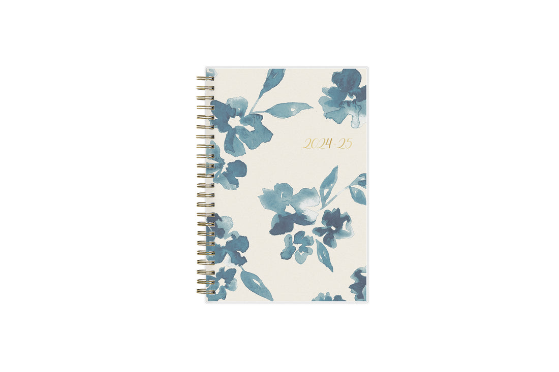  academic weekly monthly planner featuring a white background and blue paint brush florals, twin wire-o binding in a 5x8 planner size for the school year