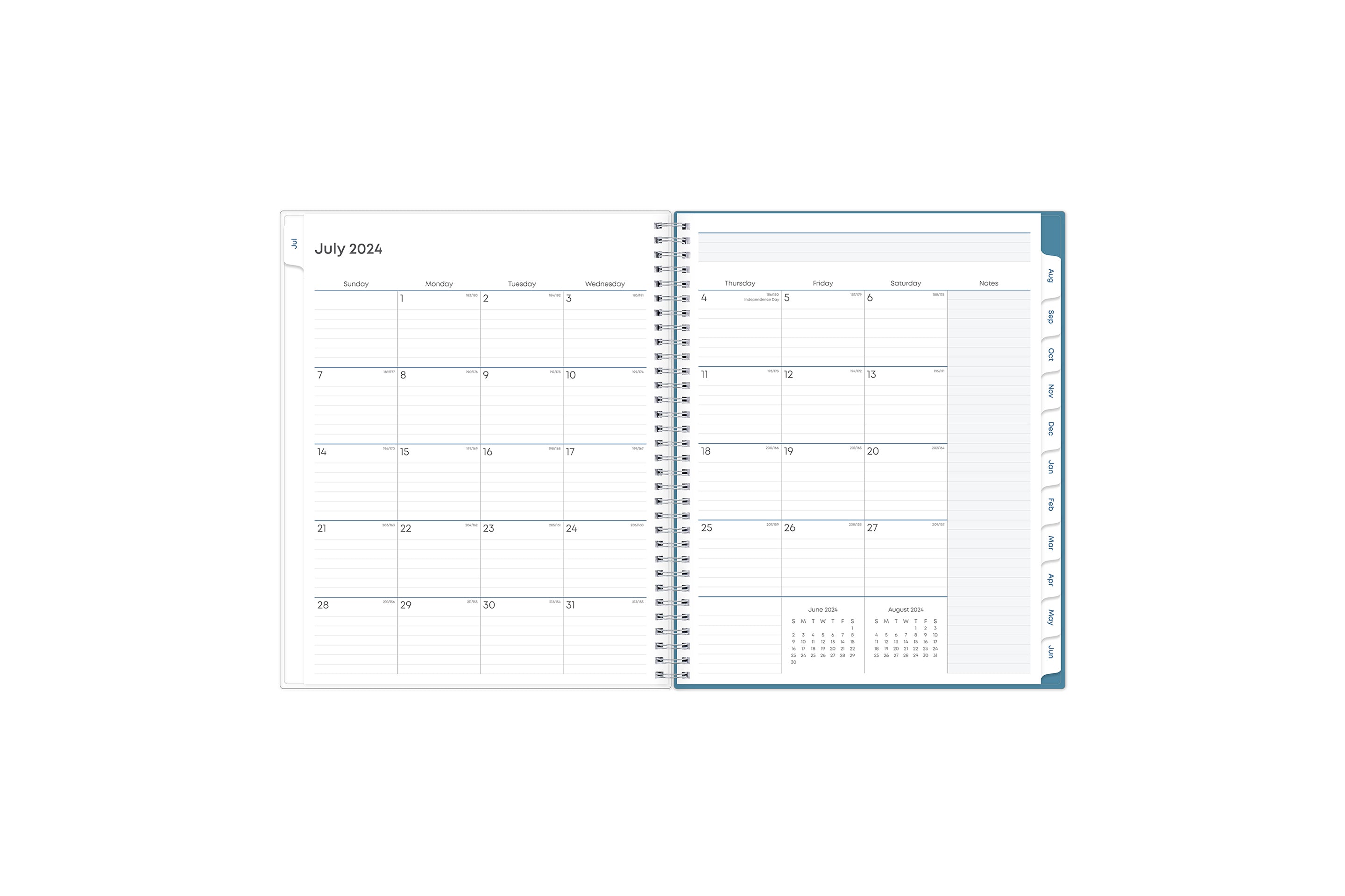 teacher lesson planner monthly view featuring ample lined writing space for projects, field trips, goals, deadlines, notes section, reference calendars and mint green monthly tabs in 8.5x11 size