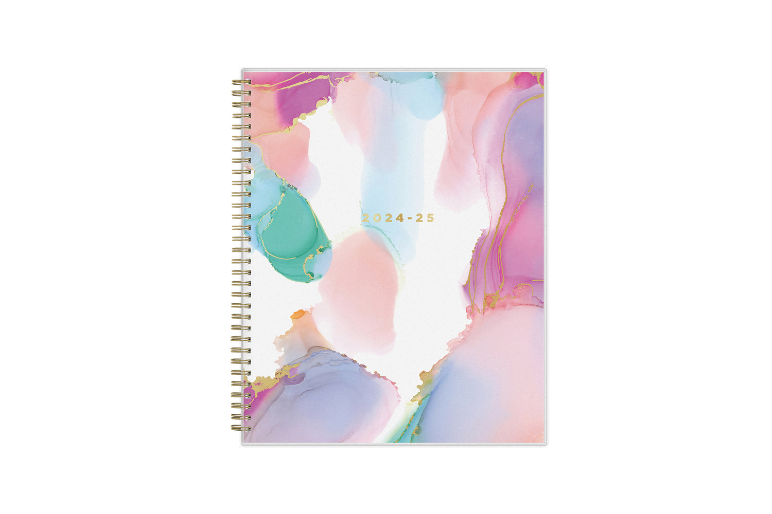 weekly monthly planner by Ashley g for blue sky featuring a marble like pattern front cover and gold twin wire-o binding in 8.5x11 size