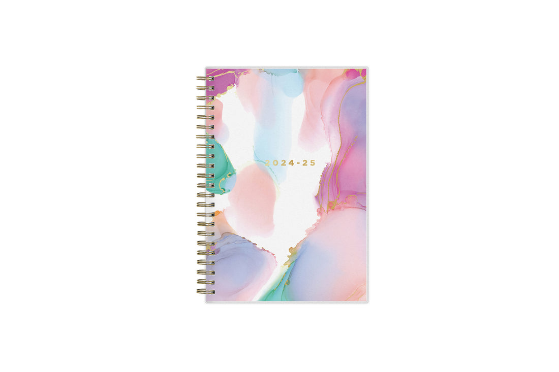 weekly monthly planner by Ashley g for blue sky featuring a marble like pattern front cover and gold twin wire-o binding in 5x8 size