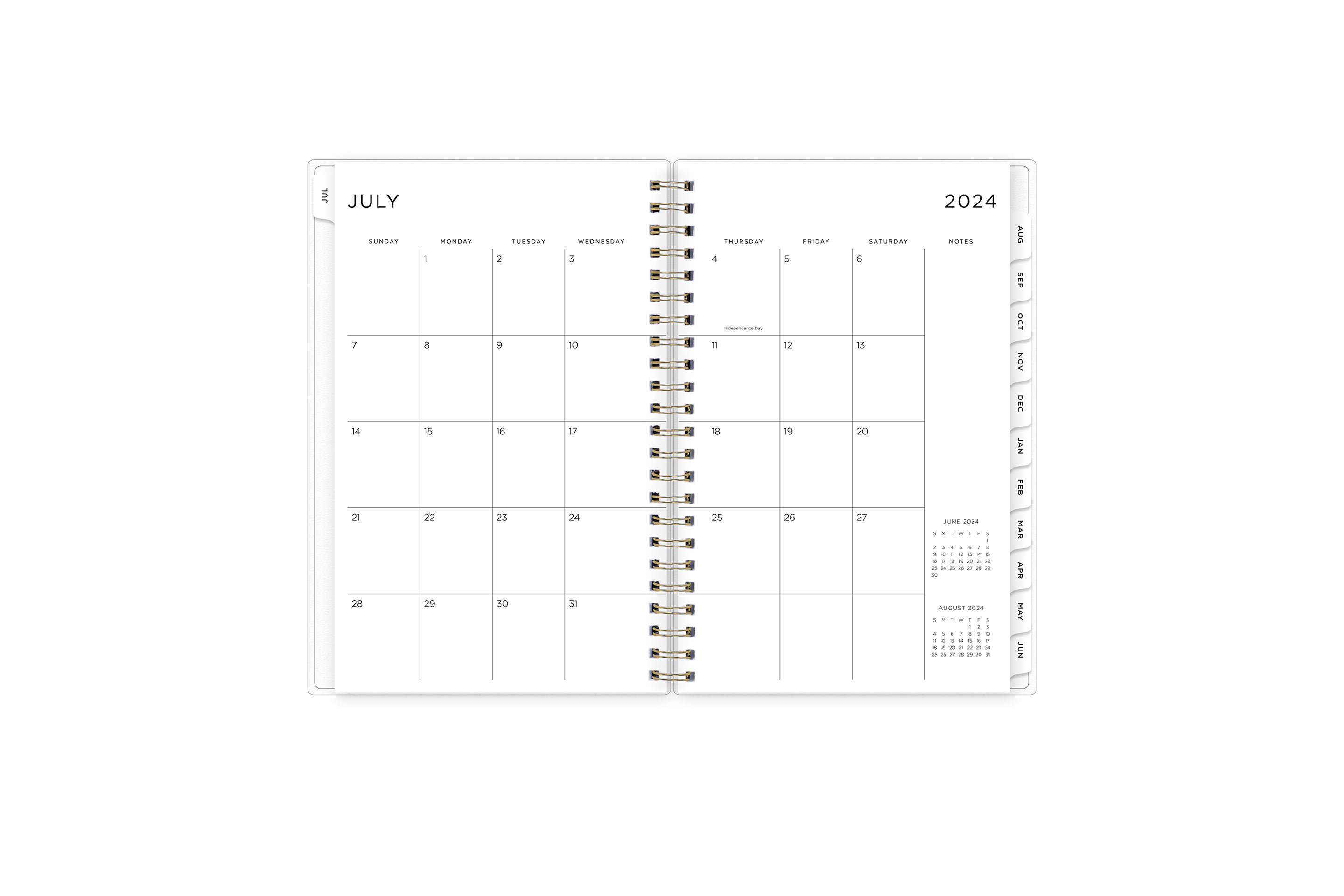 weekly and monthly academic planner featuring a monthly spread with clean writing space, a notes section, reference calendars, and white monthly tabs in 5x8 size