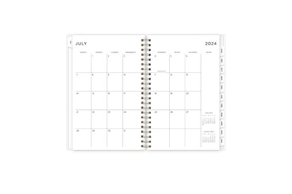 weekly and monthly academic planner featuring a monthly spread with clean writing space, a notes section, reference calendars, and white monthly tabs in 5x8 size