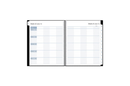 ample lined writing space and teacher lesson planner layout for each class or period, shade of blues for each day, and white monthly tabs for this  weekly monthly lesson planner.
