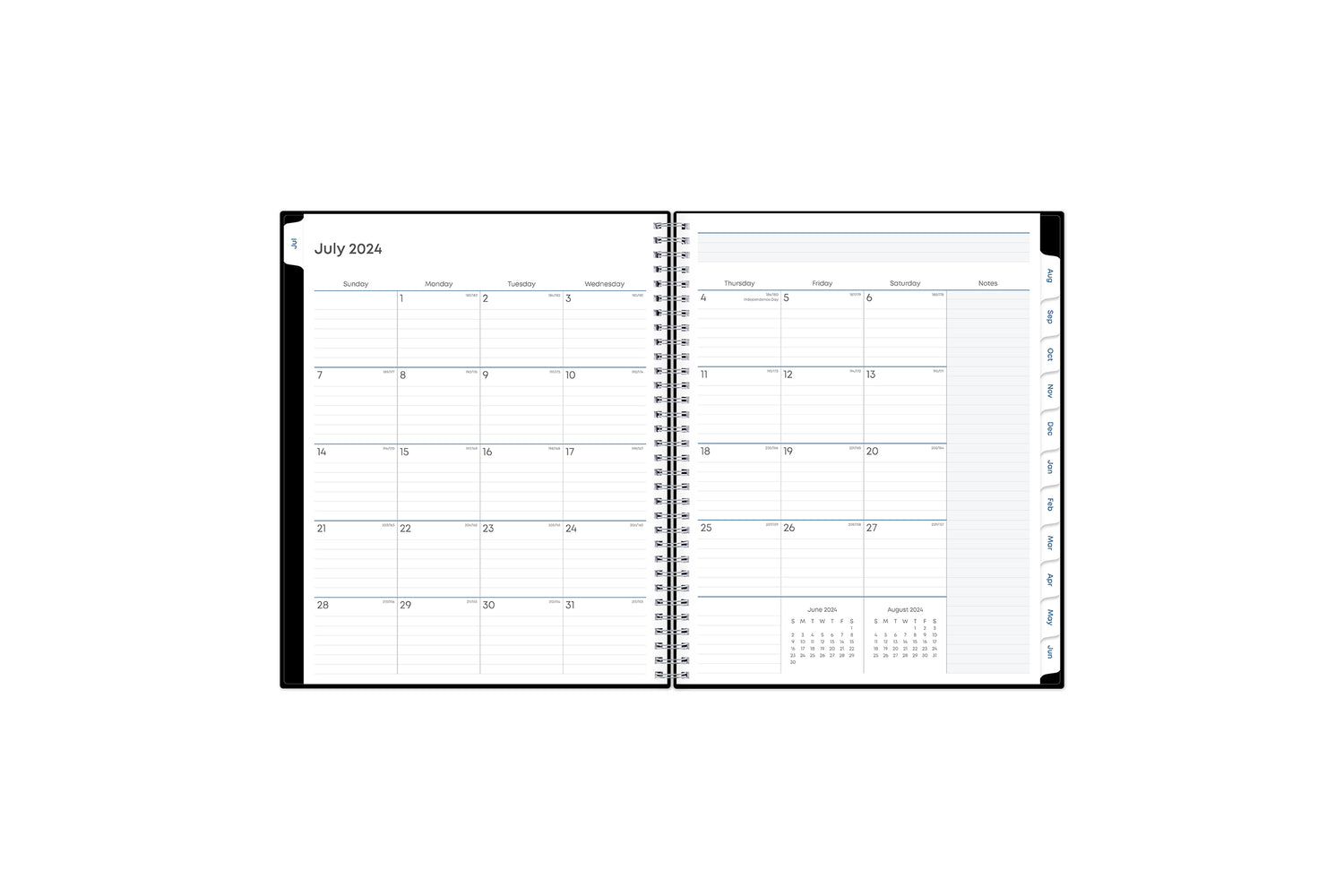  teacher lesson planner monthly view featuring ample lined writing space for projects, field trips, goals, deadlines, notes section, reference calendars and white monthly tabs in 8.5x11 size