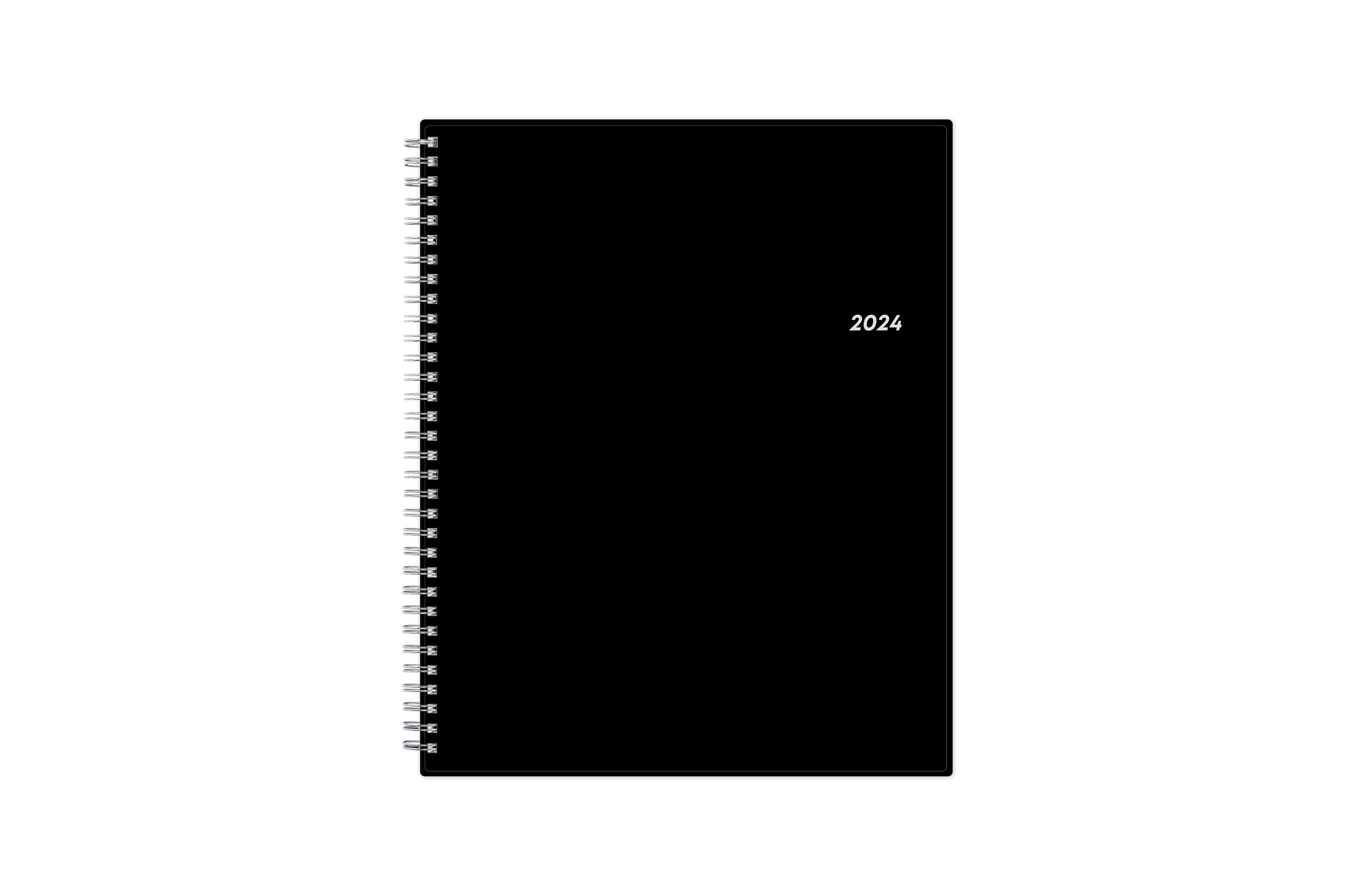 Bilingual January 2024 - December 2024 weekly monthly planner featuring a charcoal front cover design and silver twin wire-o binding 8.5x11 size Calendario De Planificacion.