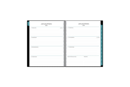 Bilingual January 2024 - December 2024 weekly monthly planner featuring a monthly spread boxes for each day, lined writing space, notes section, reference calendars, and dark blue monthly tabs with white text in 8.5x11 size