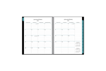 Bilingual January 2024 - December 2024 weekly monthly planner featuring a weekly spread boxes for each day, lined writing space, notes section, reference calendars, and dark blue monthly tabs with white text in 8.5x11 size Calendario De Planificacion.