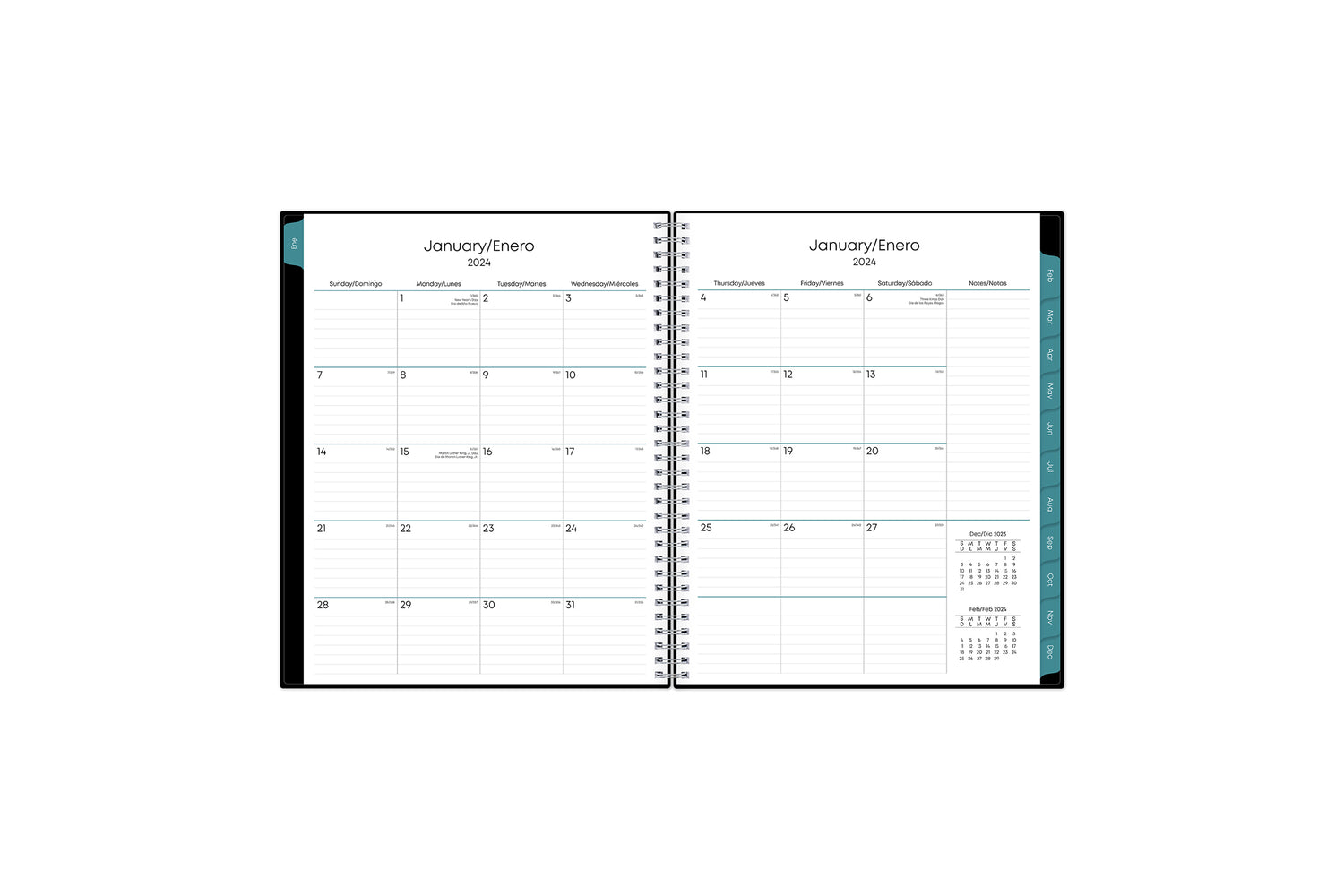 Bilingual January 2024 - December 2024 weekly monthly planner featuring a weekly spread boxes for each day, lined writing space, notes section, reference calendars, and dark blue monthly tabs with white text in 8.5x11 size Calendario De Planificacion.