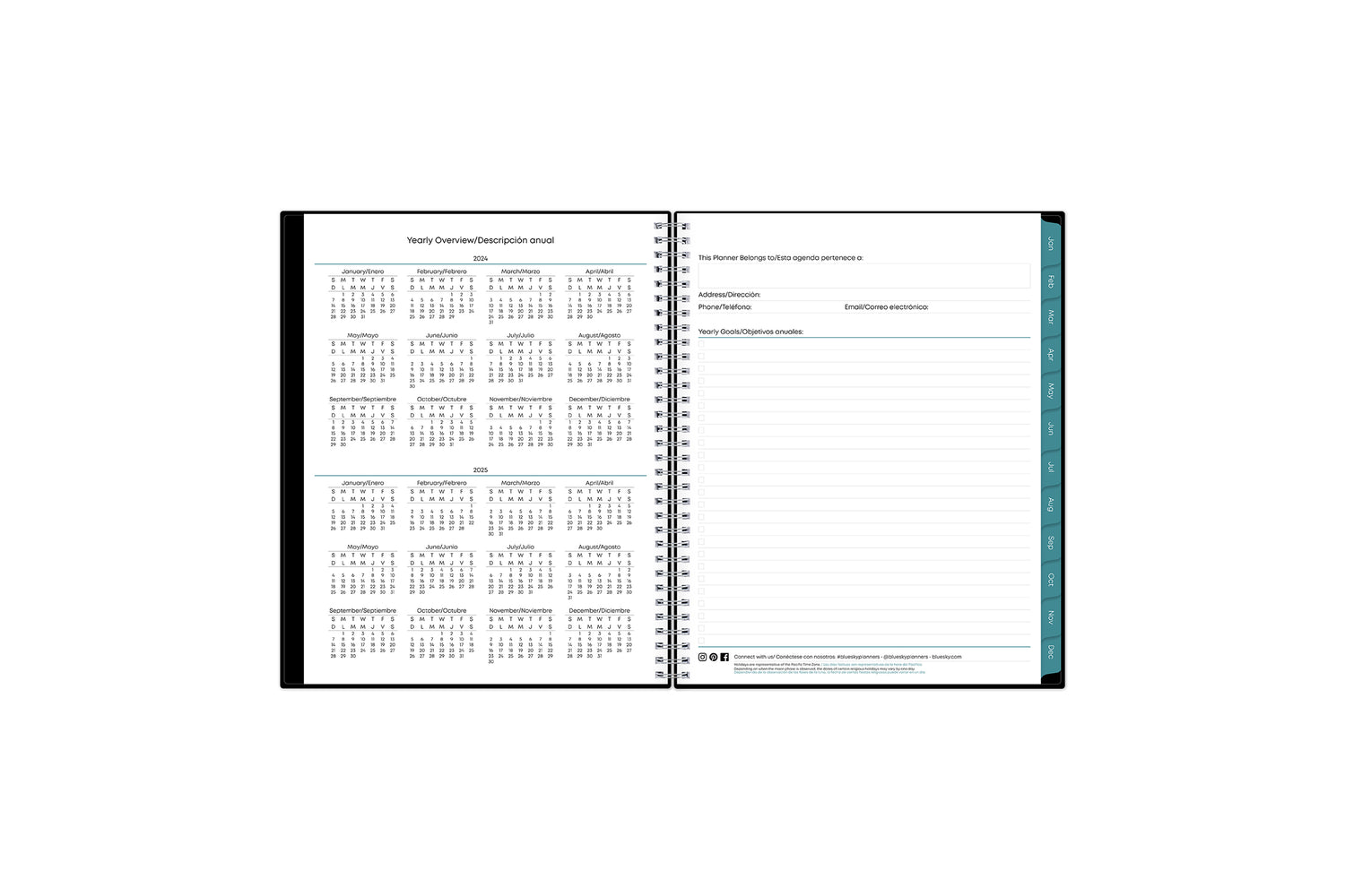 Bilingual 8.5x11 2024 weekly monthly planner features a yearly overview of 2024 and 2025 with contact page for owner of planner and bulleted yearly goals and accomplishments with navy monthly tabs and white text