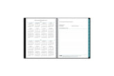 Bilingual 8.5x11 2024 weekly monthly planner features a yearly overview of 2024 and 2025 with contact page for owner of planner and bulleted yearly goals and accomplishments with navy monthly tabs and white text