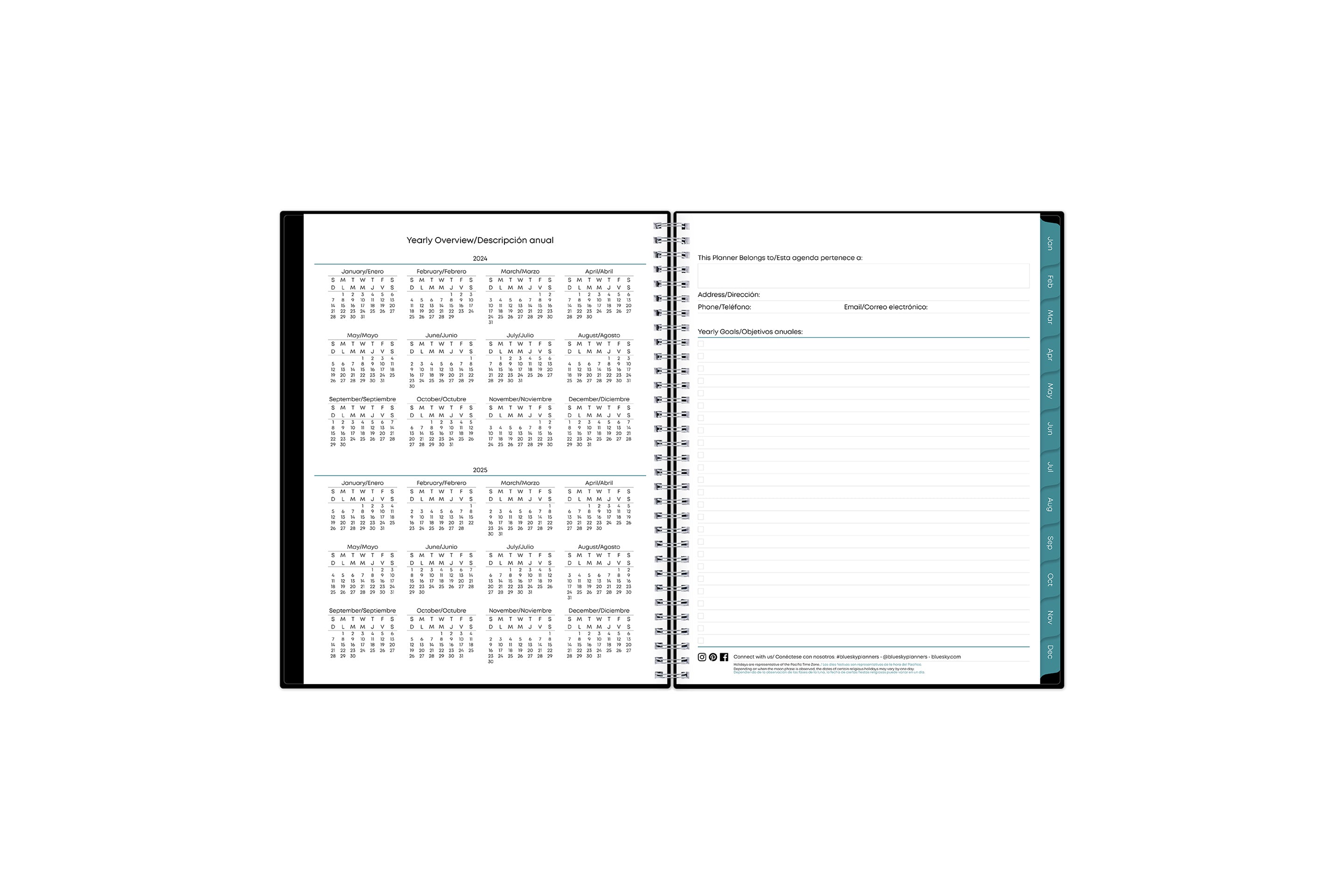 Bilingual 8.5x11 2024 weekly monthly planner features a yearly overview of 2024 and 2025 with contact page for owner of planner and bulleted yearly goals and accomplishments with navy monthly tabs and white text