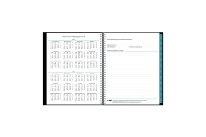 Bilingual 8.5x11 2024 weekly monthly planner features a yearly overview of 2024 and 2025 with contact page for owner of planner and bulleted yearly goals and accomplishments with navy monthly tabs and white text