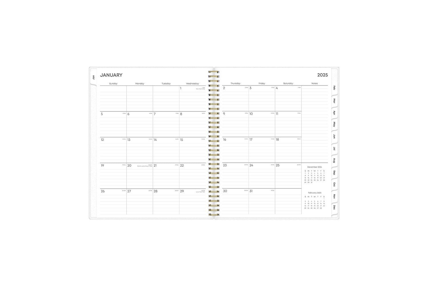 January 2025 - December 2025 weekly monthly planner featuring a monthly spread boxes for each day, lined writing space, notes section, reference calendars, and mint monthly tabs in 8.5x11 size