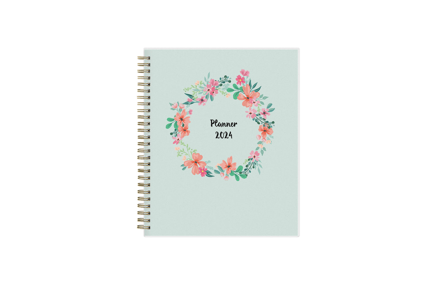 2024 weekly monthly planner in 7x9 size with  mint background, gold binding and floral wreath