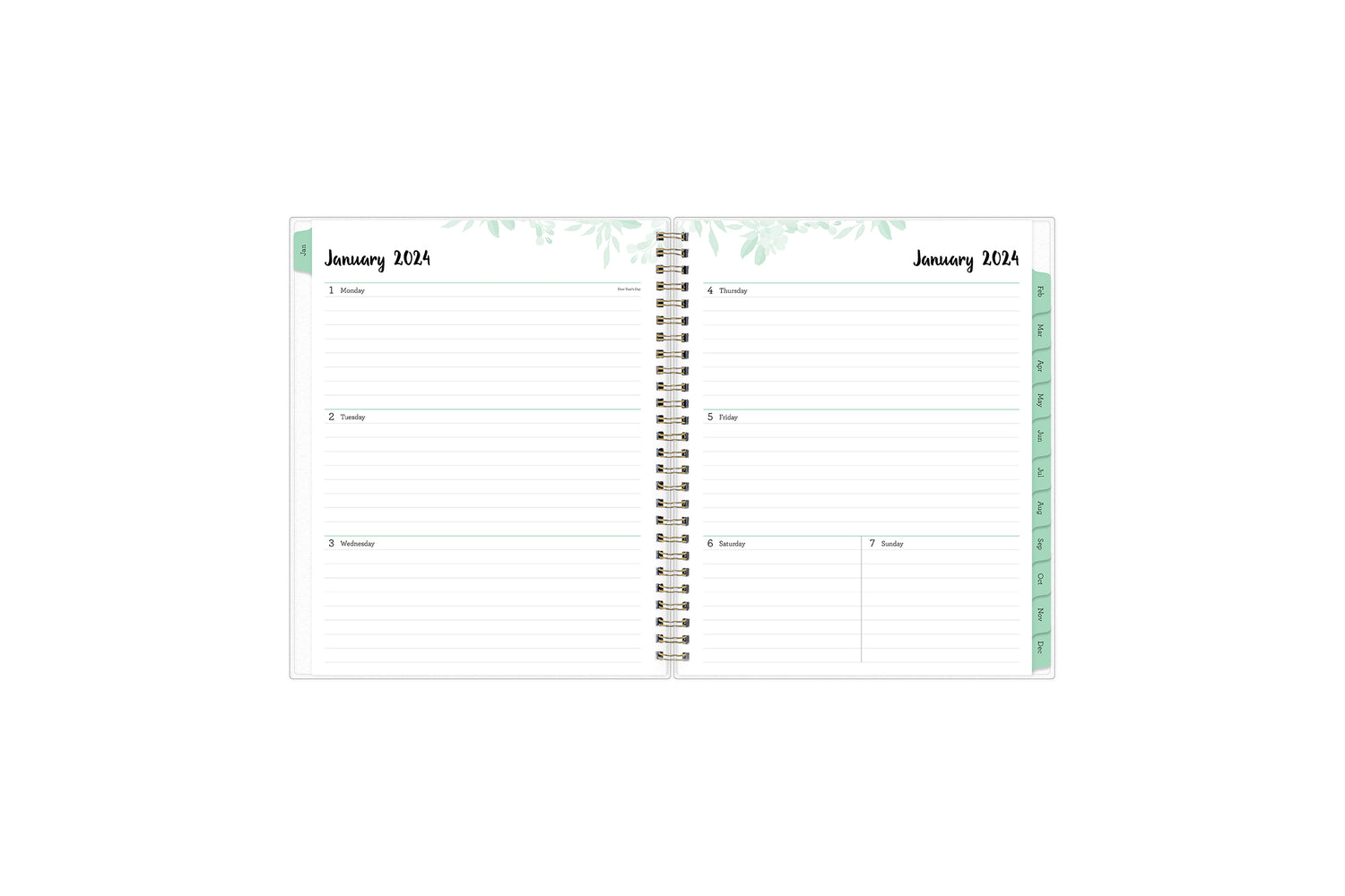jan 2024 - dec 2024 weekly monthly planner featuring a weekly view with ample lined writing space and mint monthly tabs