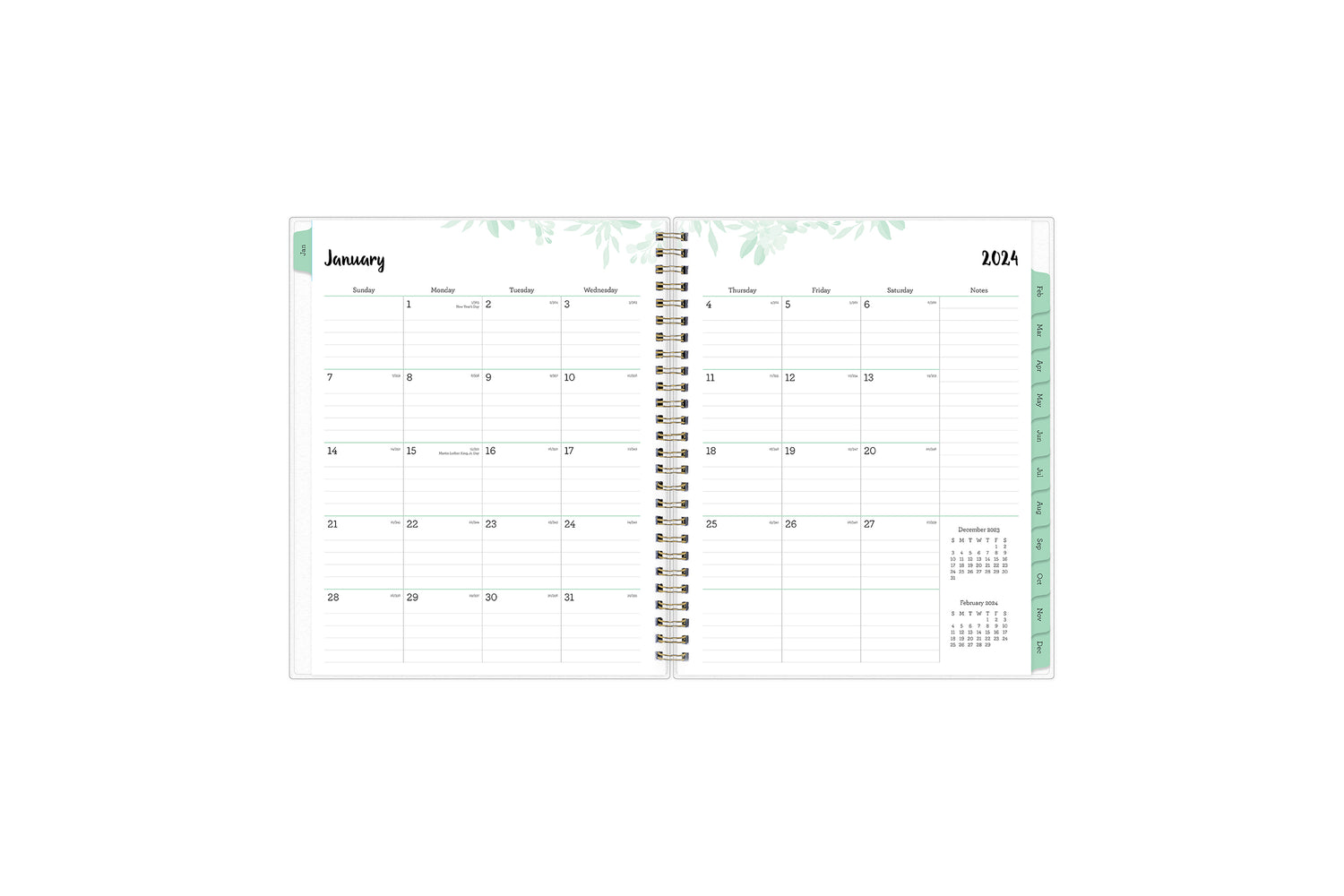 jan 2024 - dec 2024 weekly monthly planner featuring a monthly view with ample lined writing space and mint monthly tabs