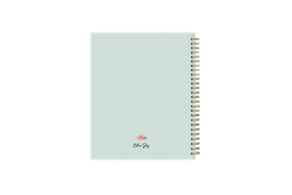 2024 weekly monthly planner in 7x9 size with  mint background, gold binding and floral wreath solid mint backcover