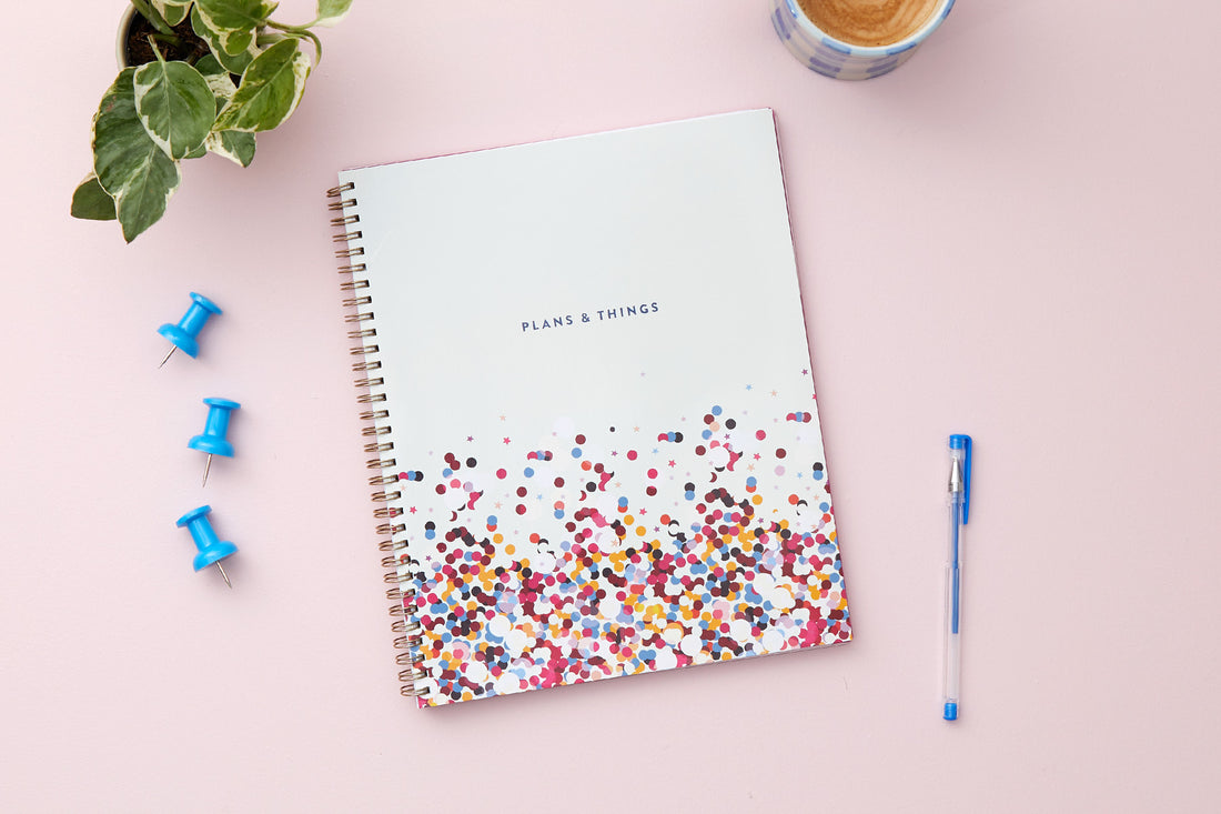 academic student planner featuring a confetti inspired front cover in 8.5x11 size, Titled &quot;Plans &amp; Things&quot;