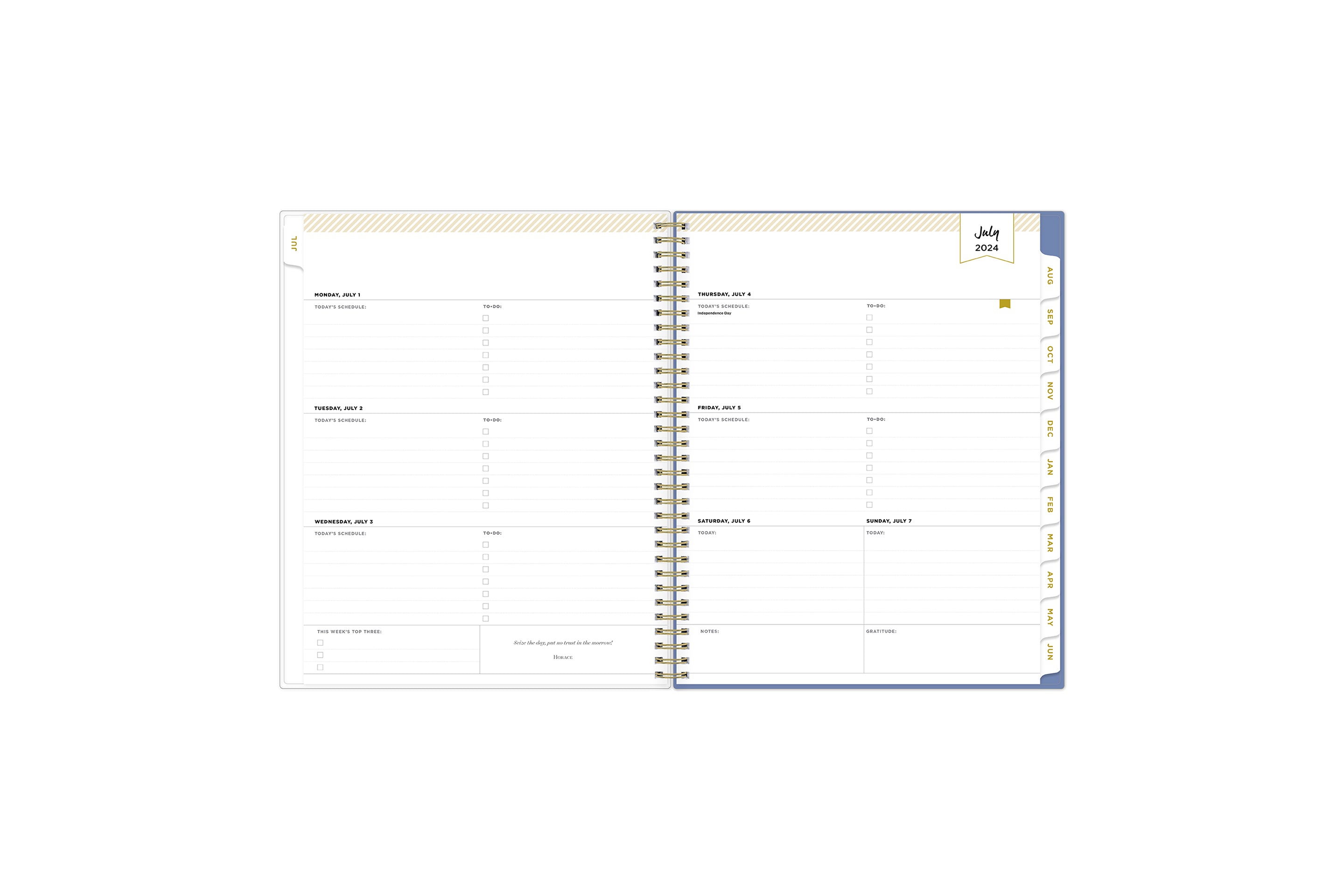 weekly and monthly planner featuring a weekly spread with notes section, to-do list, and gold font white  colored tabs in 8.5x11 planner size