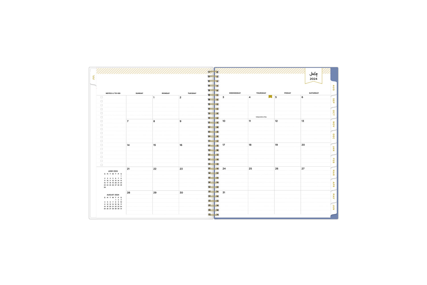 Weekly monthly 8.5x11 academic planner monthly spread featuring gold font white  tabs, notes section with to-do list