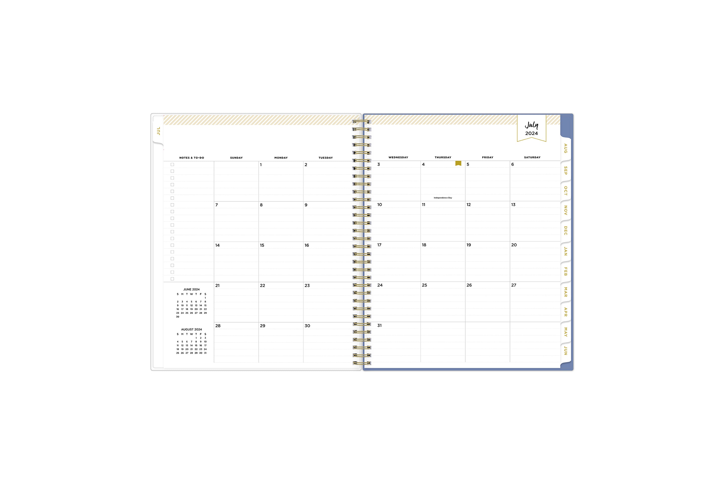 Weekly monthly 8.5x11 academic planner monthly spread featuring gold font white  tabs, notes section with to-do list