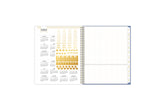 storage bucket, gold sticker sheet, reference calendar on 8.5x11 planner size